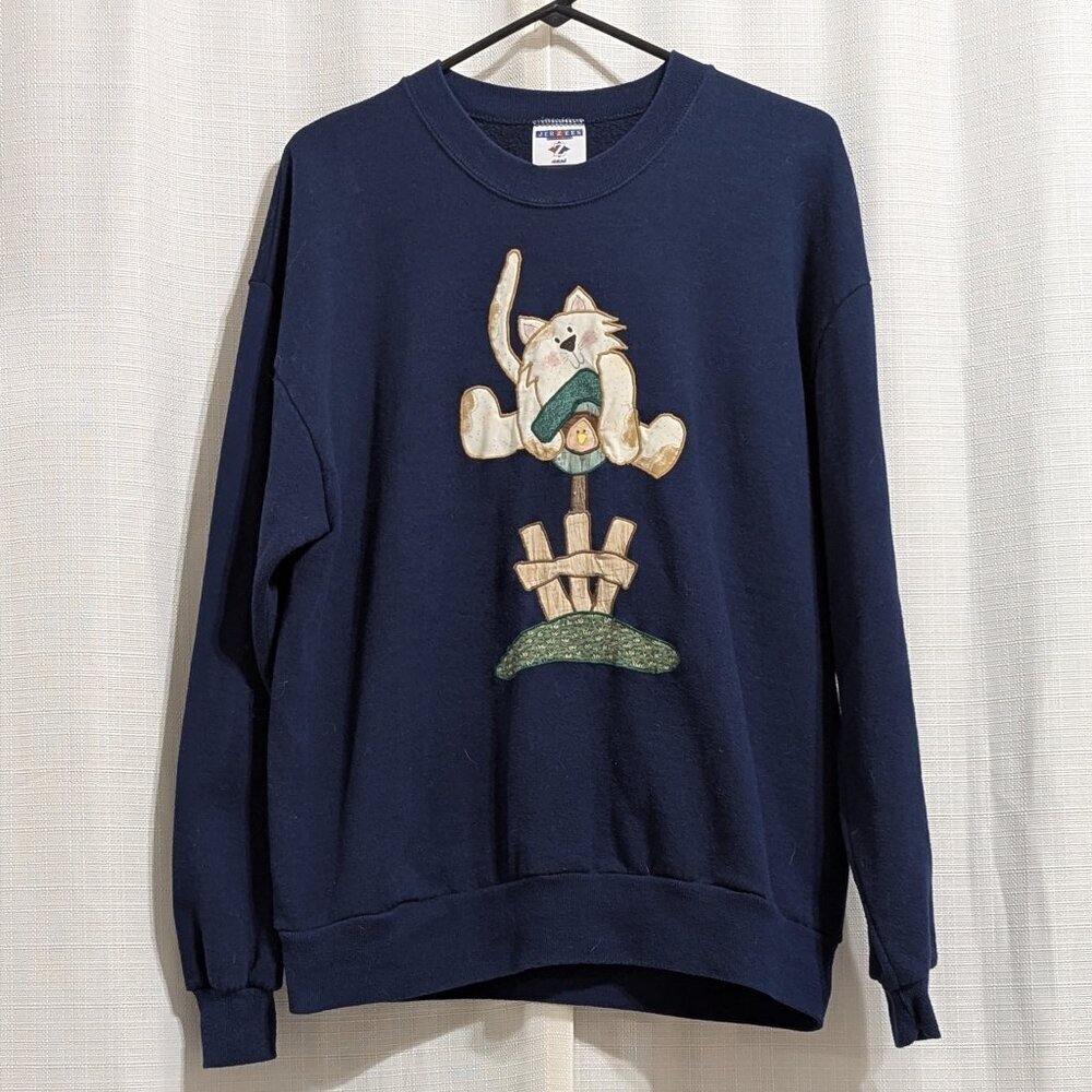 Vintage Jerzees Women's Embroidered Cat Sweater Navy size Large